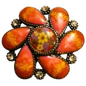 Vintage Floral Statement Brooch Red & Orange Enamel
